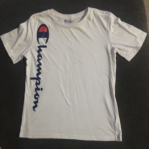 Red white and Blue Champion shirt.